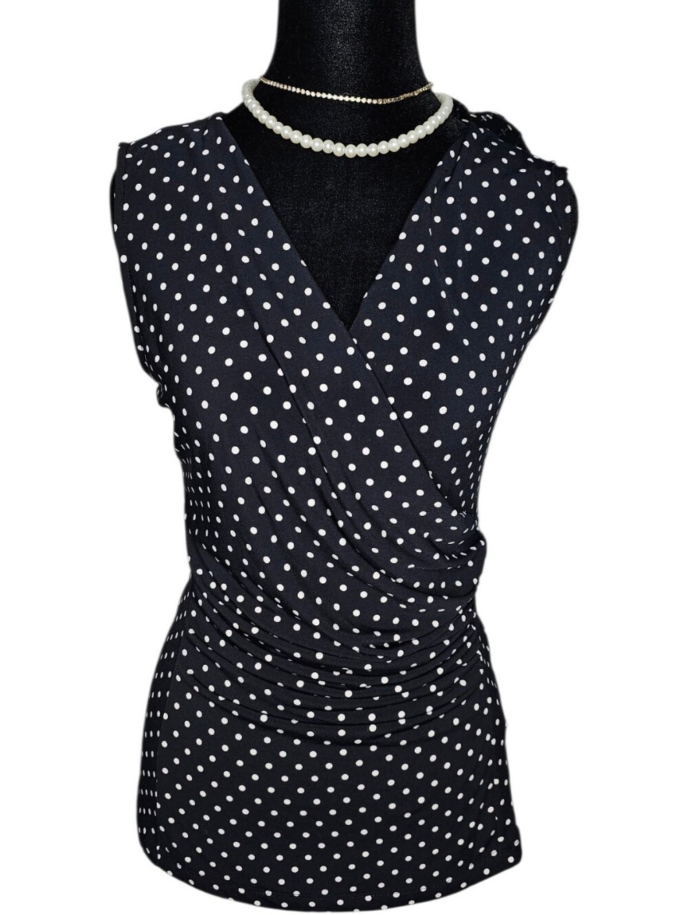 DKNY Black White Polka Dot Ruched Surplice Wrap Top Size Medium